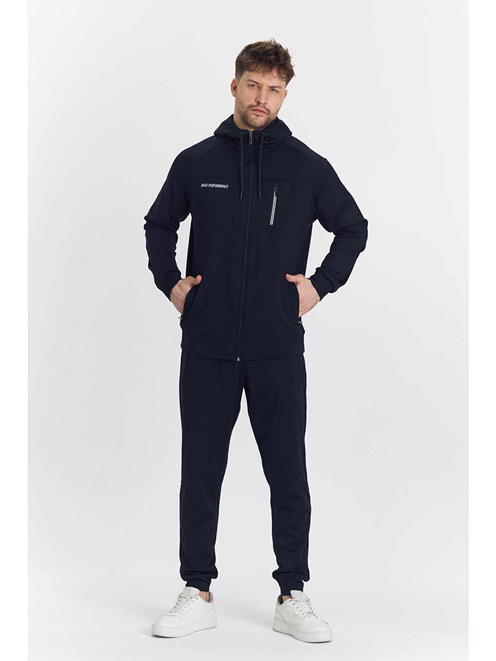 Şardonlu Dalgıç Kapüşonlu Erkek Eşofman Takımı Lacivert 5725-L-3