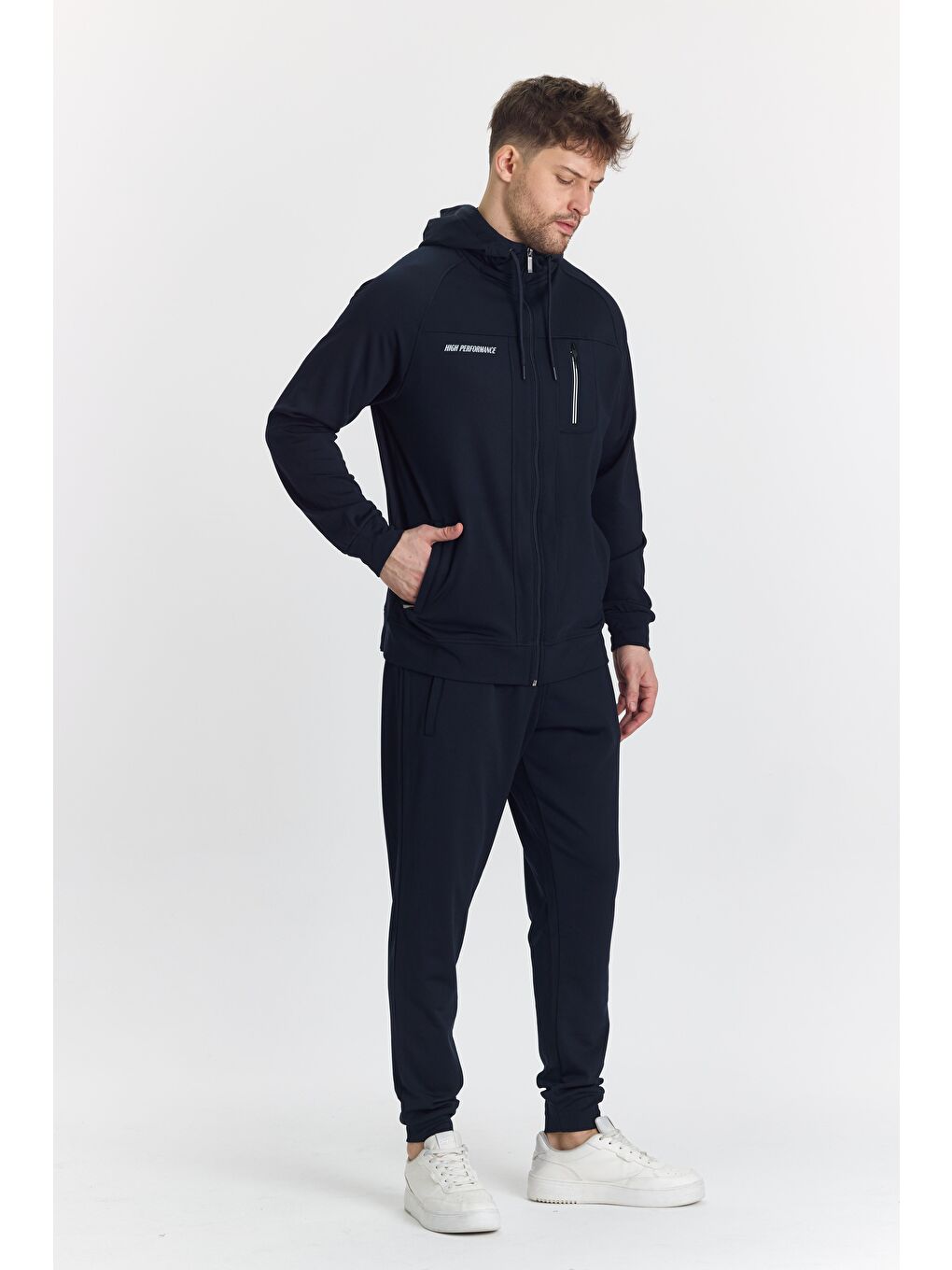 Şardonlu Dalgıç Kapüşonlu Erkek Eşofman Takımı Lacivert 5725-L-5