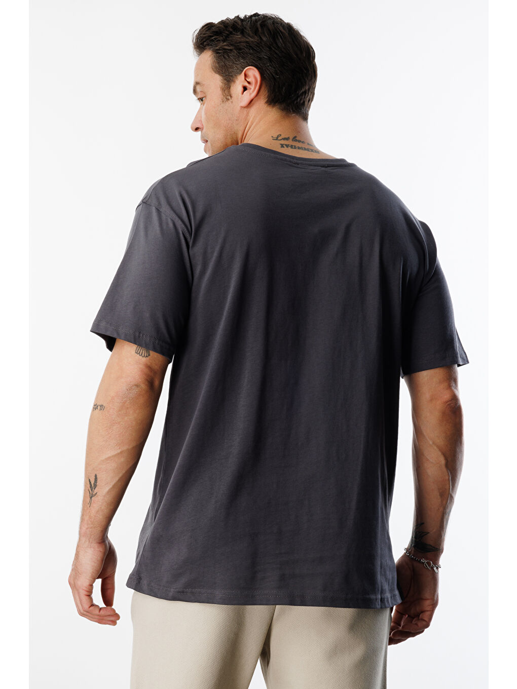 Gri Erkek Oversize Fit %100 Organik Pamuk Bisiklet Yaka Tişört-6