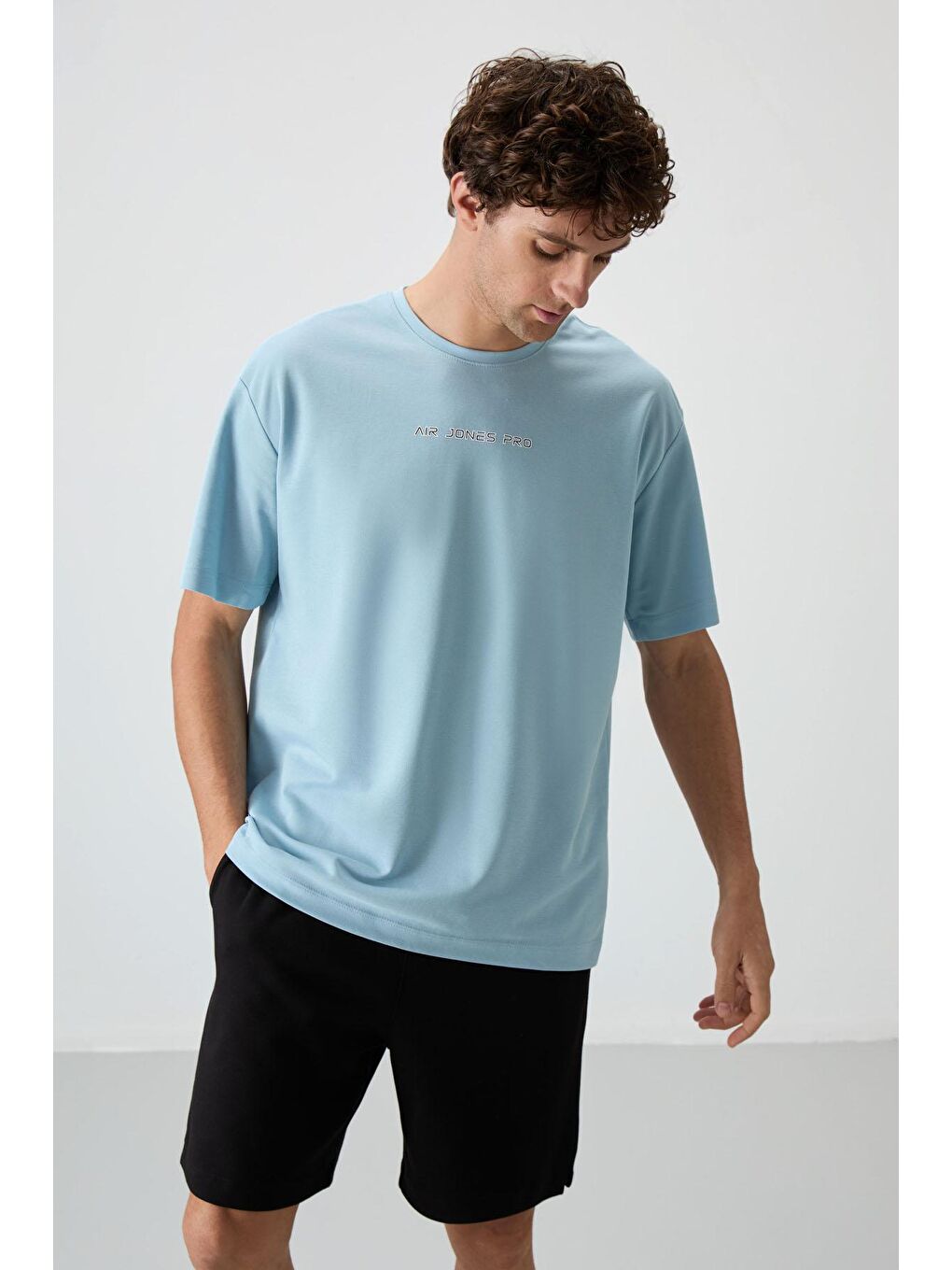 AIR JONES Açık Mavi Pamuklu Kalın Yüzeyi Dokulu Oversize Fit  Baskılı Erkek T-Shirt - 88364 - 4