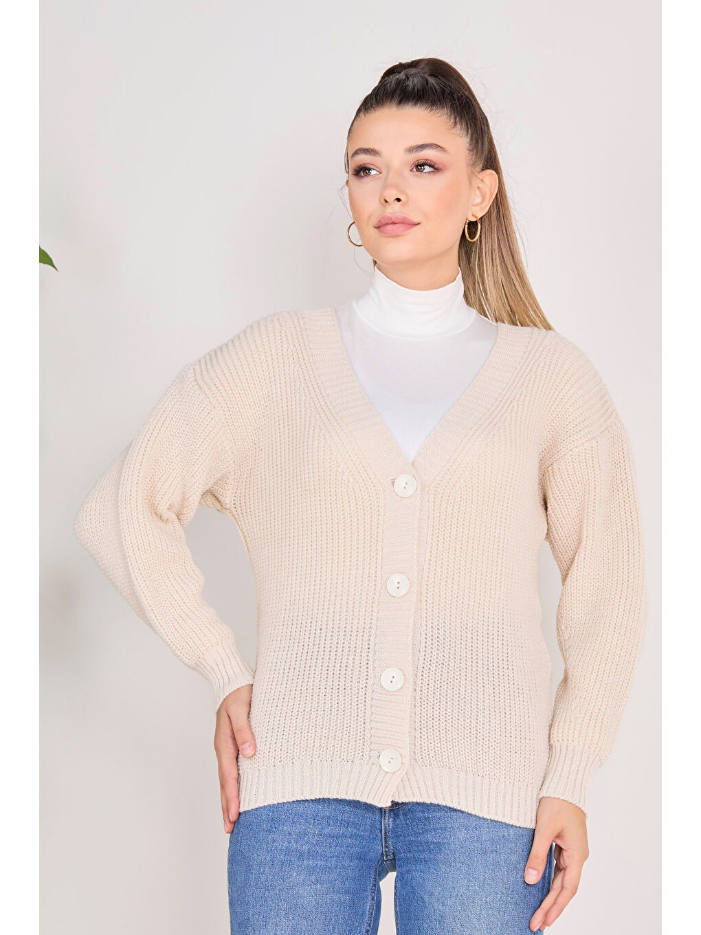 Ekru Düğmeli Triko Hırka Krem - 27651-1