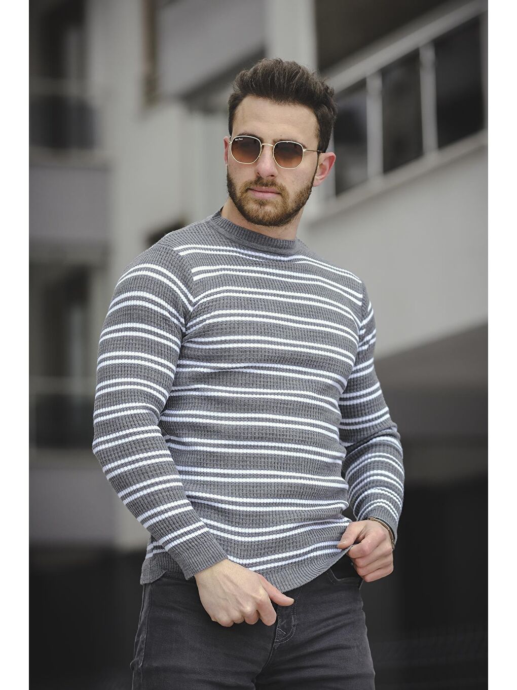 Gri Çizgili Dar Kesim Body Bisiklet Yaka Erkek Triko Kazak-1