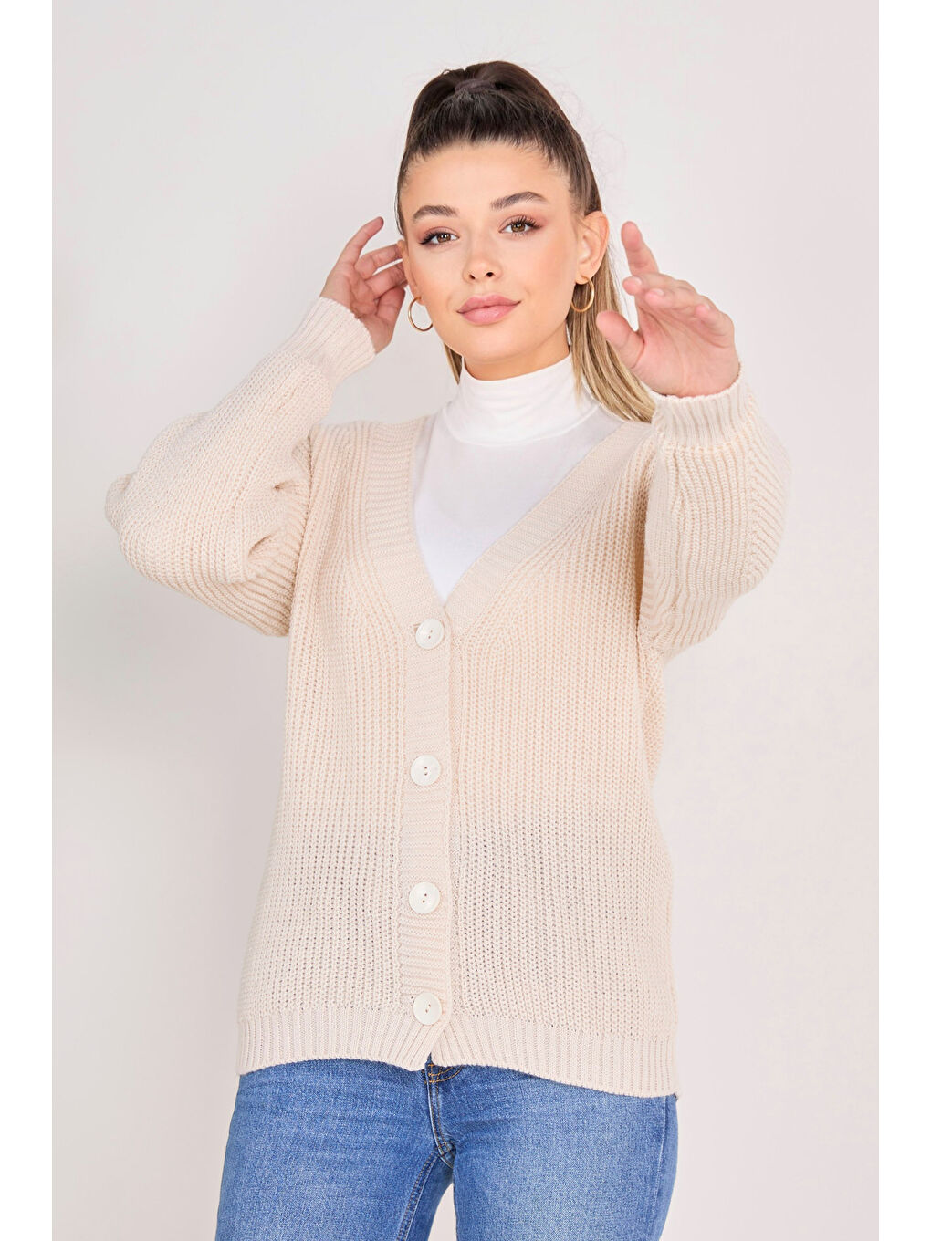 Ekru Düğmeli Triko Hırka Krem - 27651-2