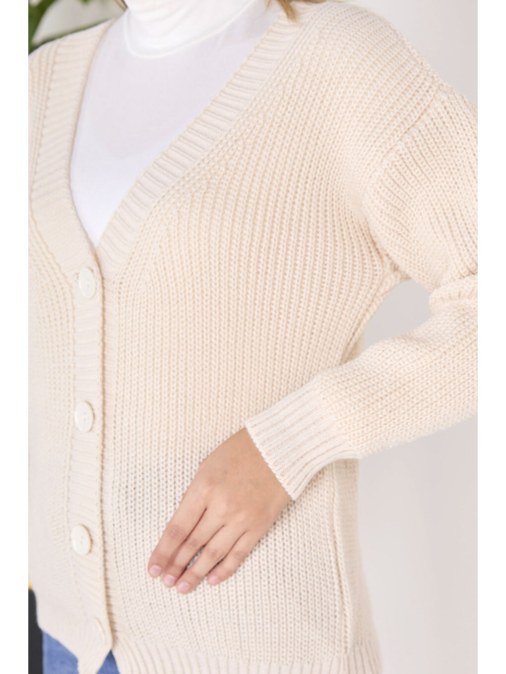 Ekru Düğmeli Triko Hırka Krem - 27651-3