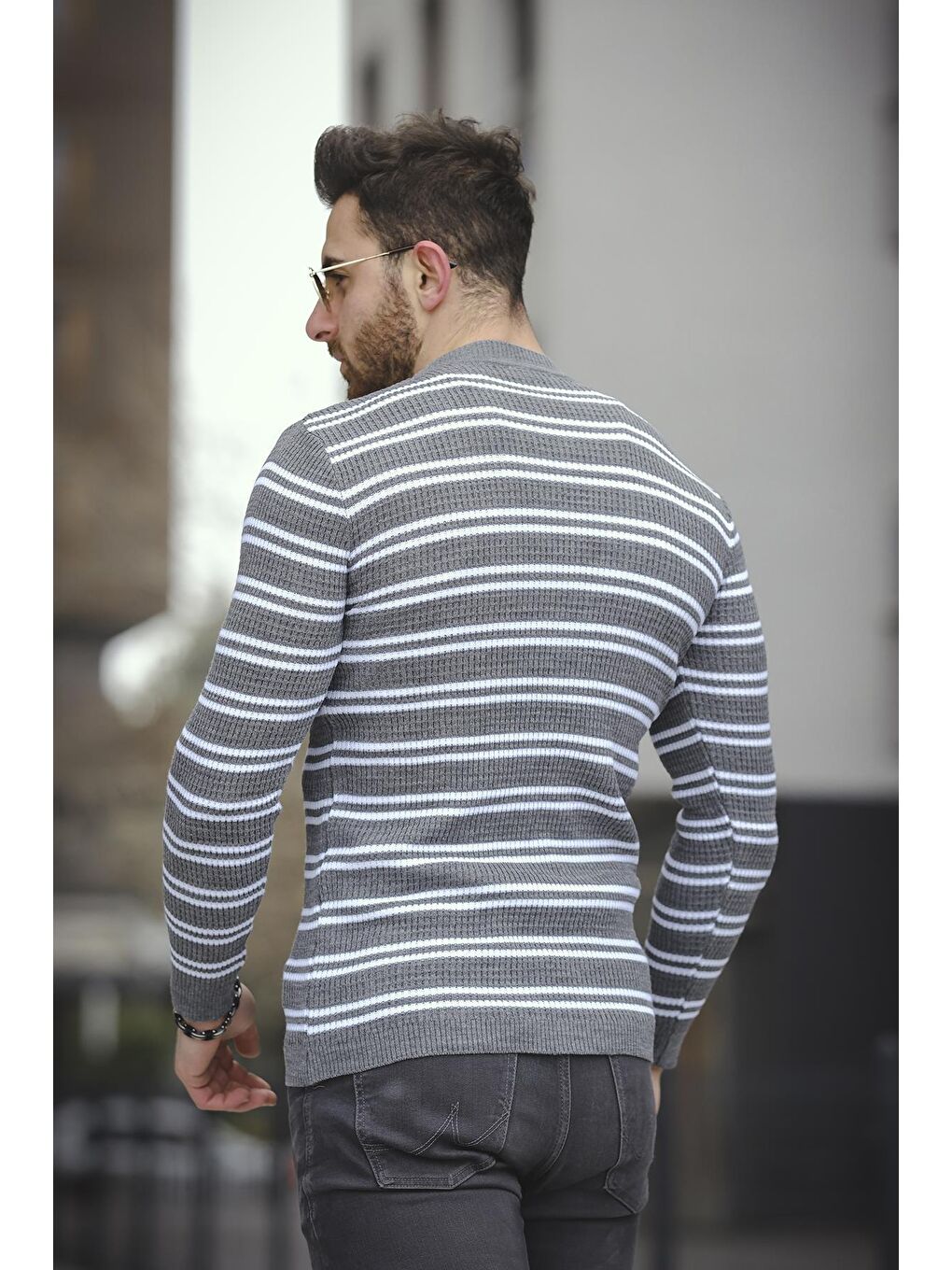 Gri Çizgili Dar Kesim Body Bisiklet Yaka Erkek Triko Kazak-3