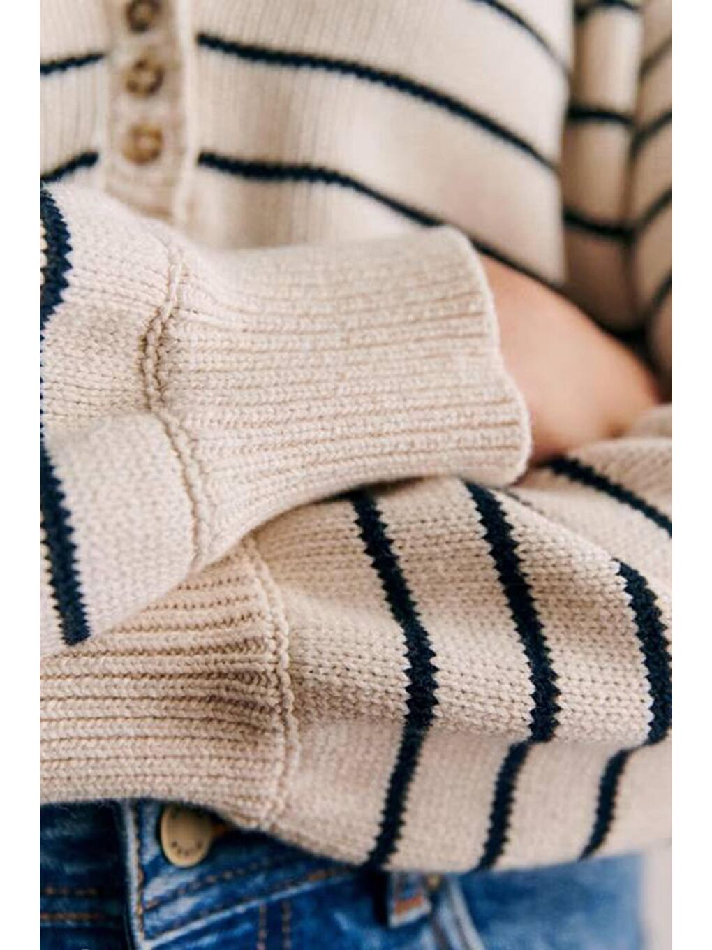 Ekru Balıkçı Yaka Çizgili Triko Kazak MG1790-1