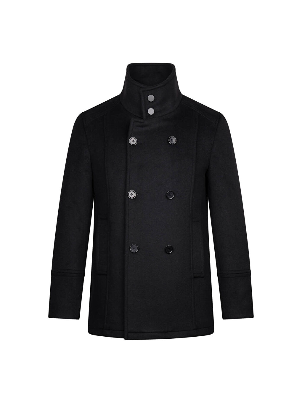 Siyah Slim Fit Kruvaze Yünlü Kaşe Kaban