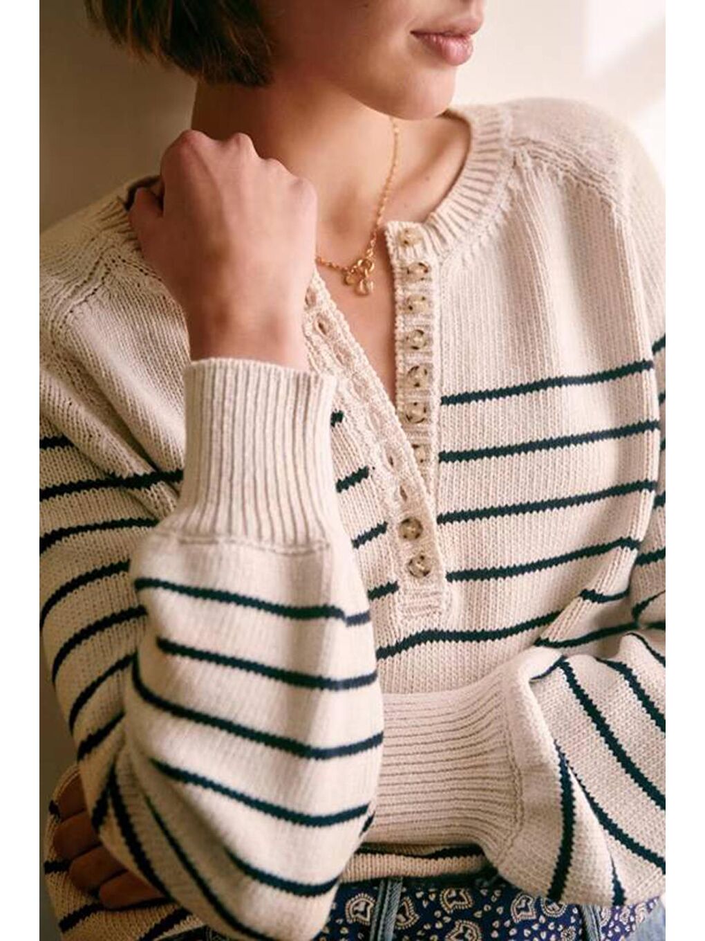 Ekru Balıkçı Yaka Çizgili Triko Kazak MG1790-2