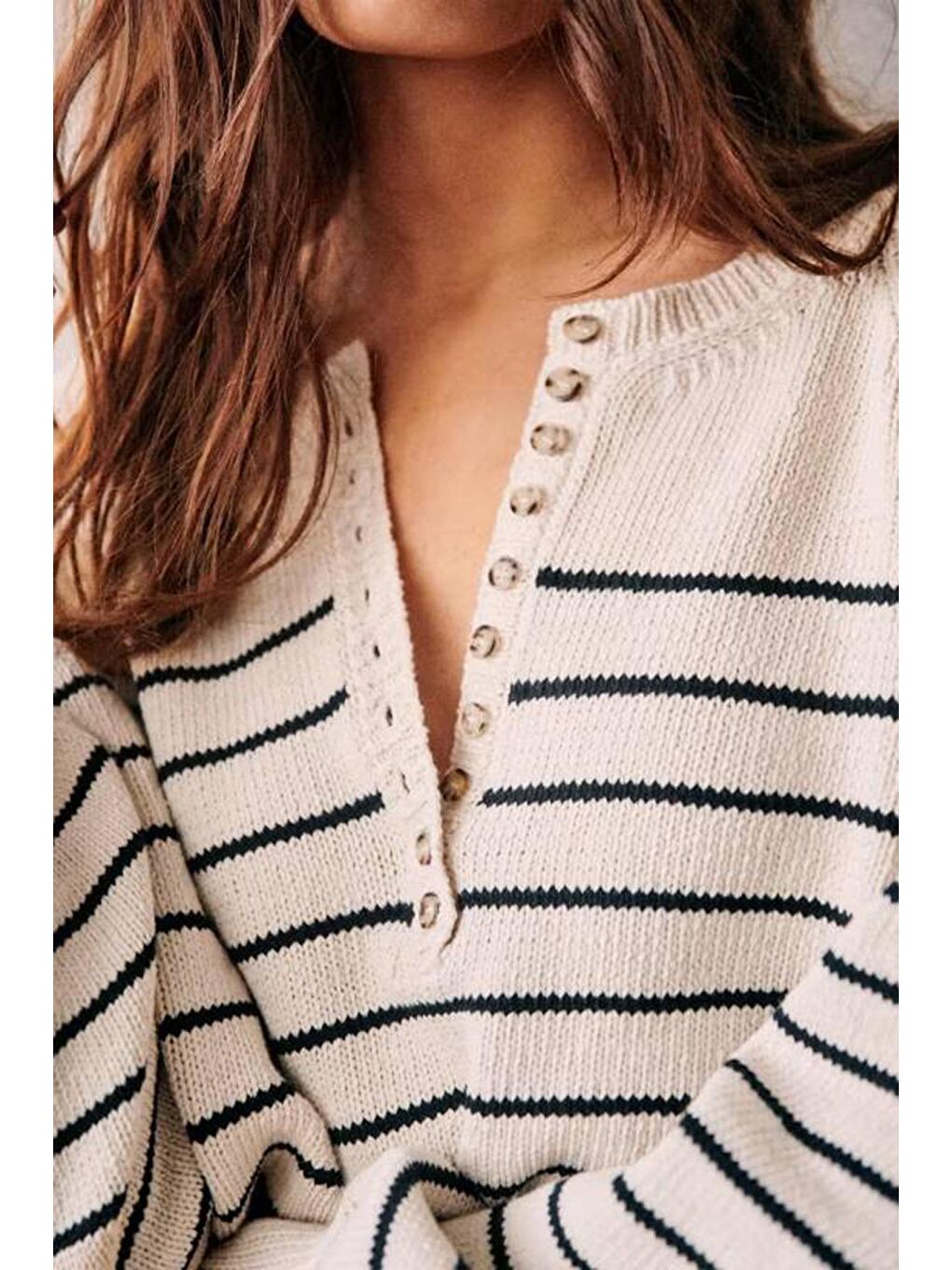 Ekru Balıkçı Yaka Çizgili Triko Kazak MG1790-3