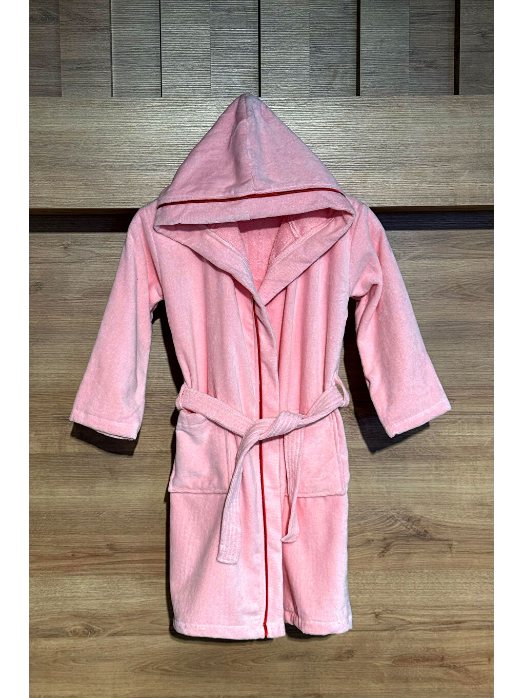 Kapüşonlu 100 Pamuk Kadife Çocuk Bornozu Pembe 7-8 Yaş