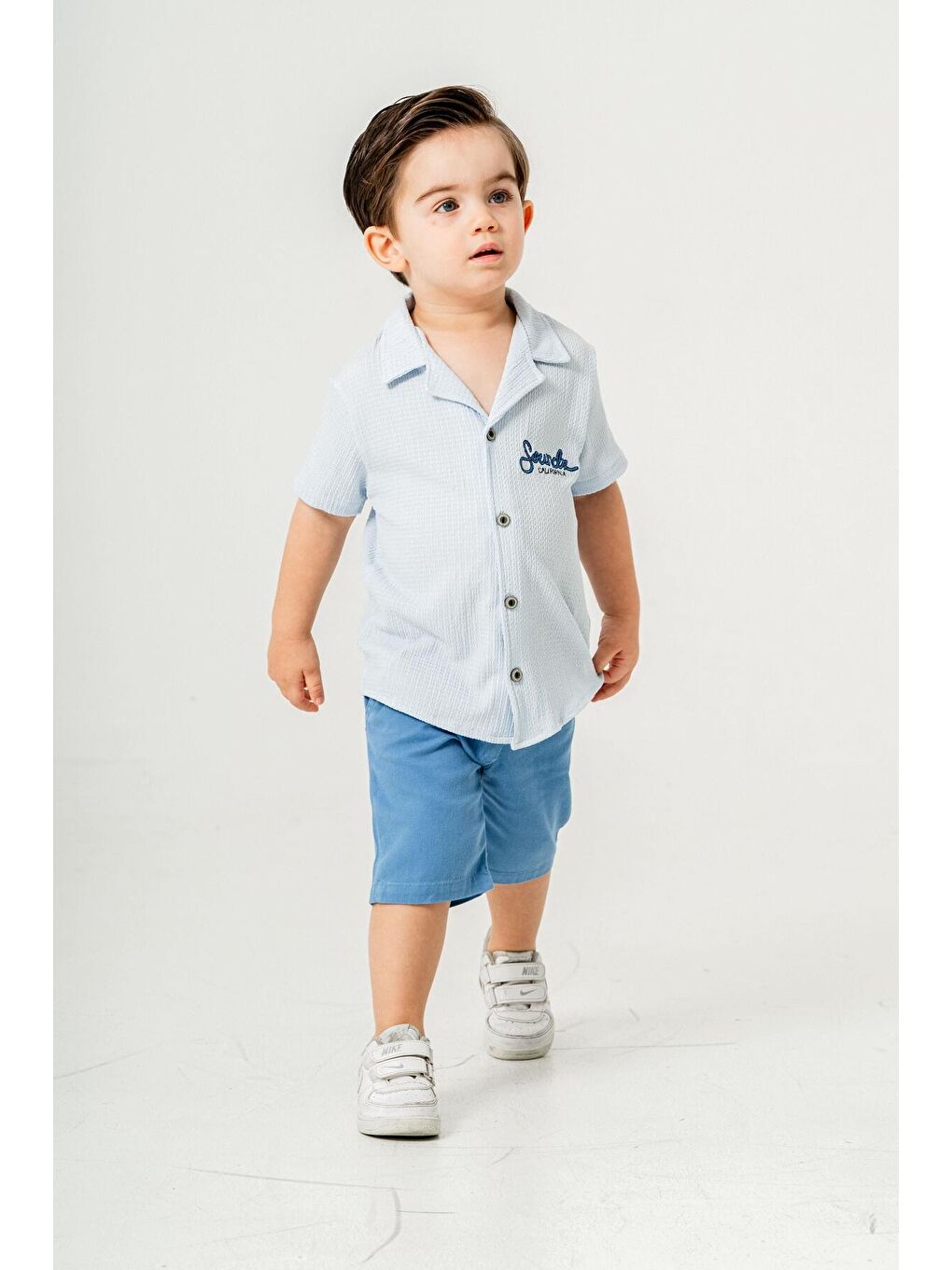 Mavi Tarz Gömlekli Belden Ayarlanabilir Kısa Kollu Şortlu 2'li Takım