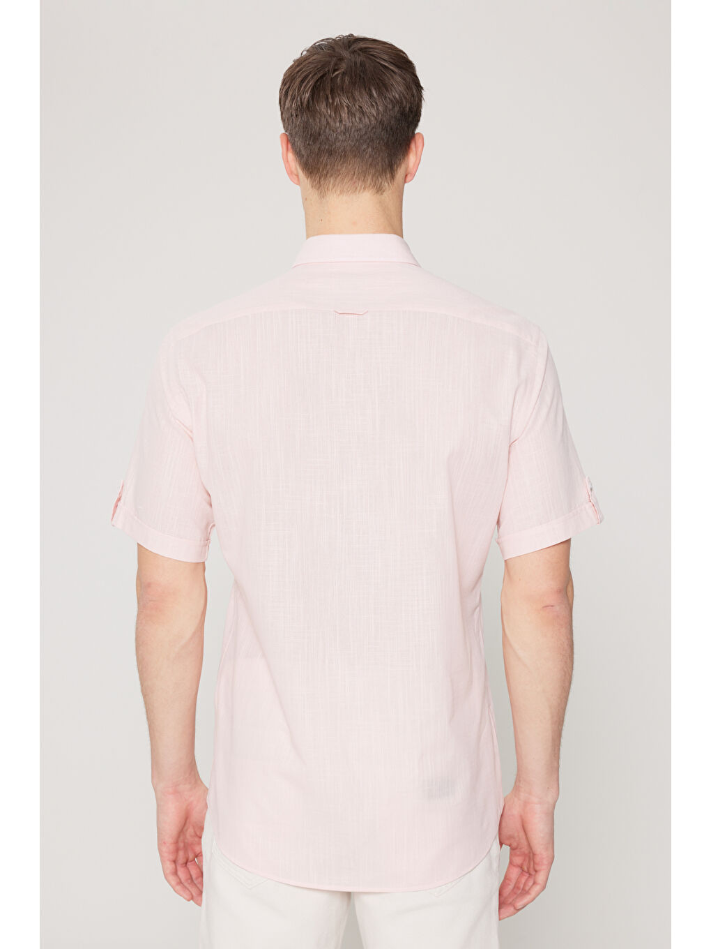 Erkek Pembe Comfort Fit Rahat Kesim Gizli Düğmeli Yaka Keten Görünümlü %100 Pamuk Flamlı Gömlek-4