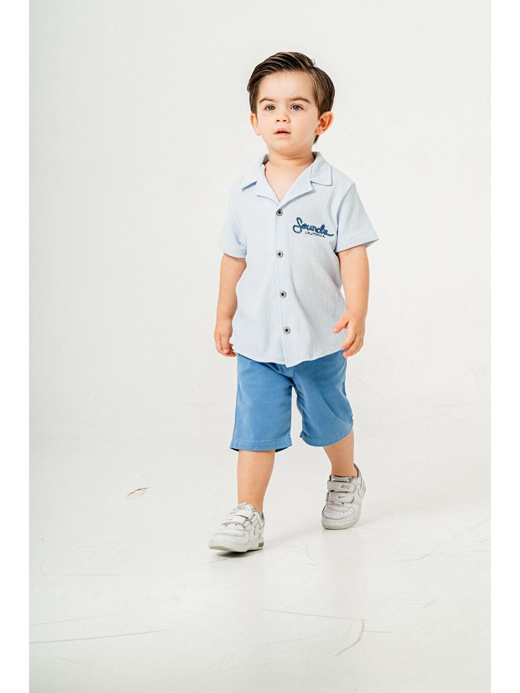 Mavi Tarz Gömlekli Belden Ayarlanabilir Kısa Kollu Şortlu 2'li Takım-1