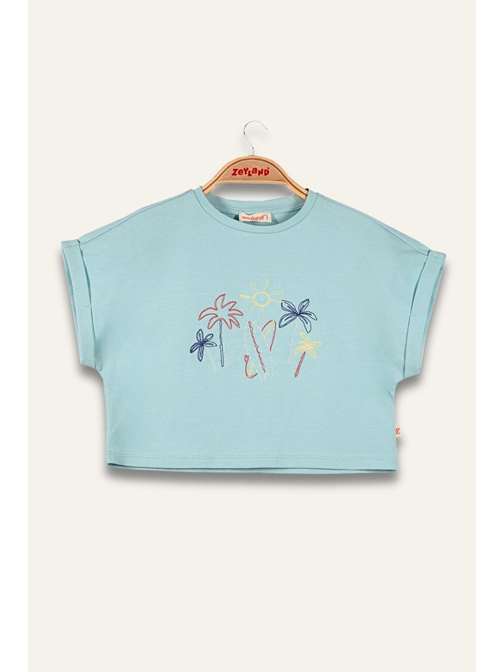 Yeşil Kız Çocuk Nakış Detaylı Crop T-Shirt - Mint