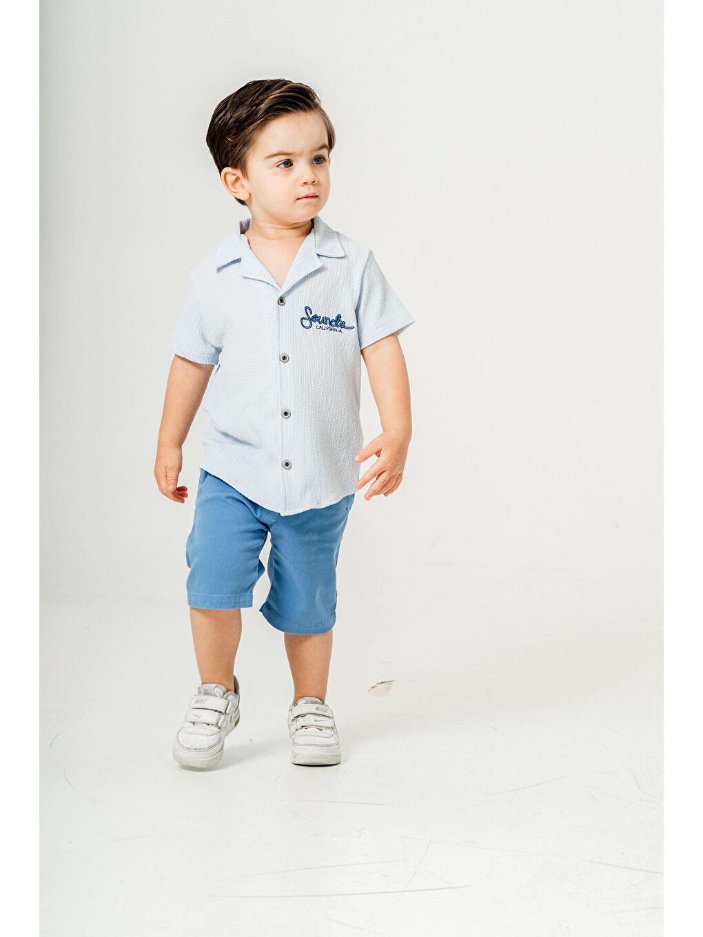 Mavi Tarz Gömlekli Belden Ayarlanabilir Kısa Kollu Şortlu 2'li Takım-2