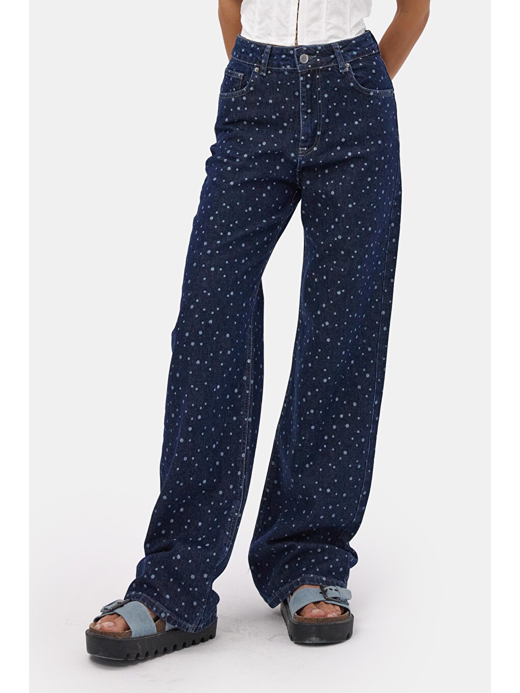 Kadın Mavi 1w6-7 Wide Leg Puantiyeli Denim Jean