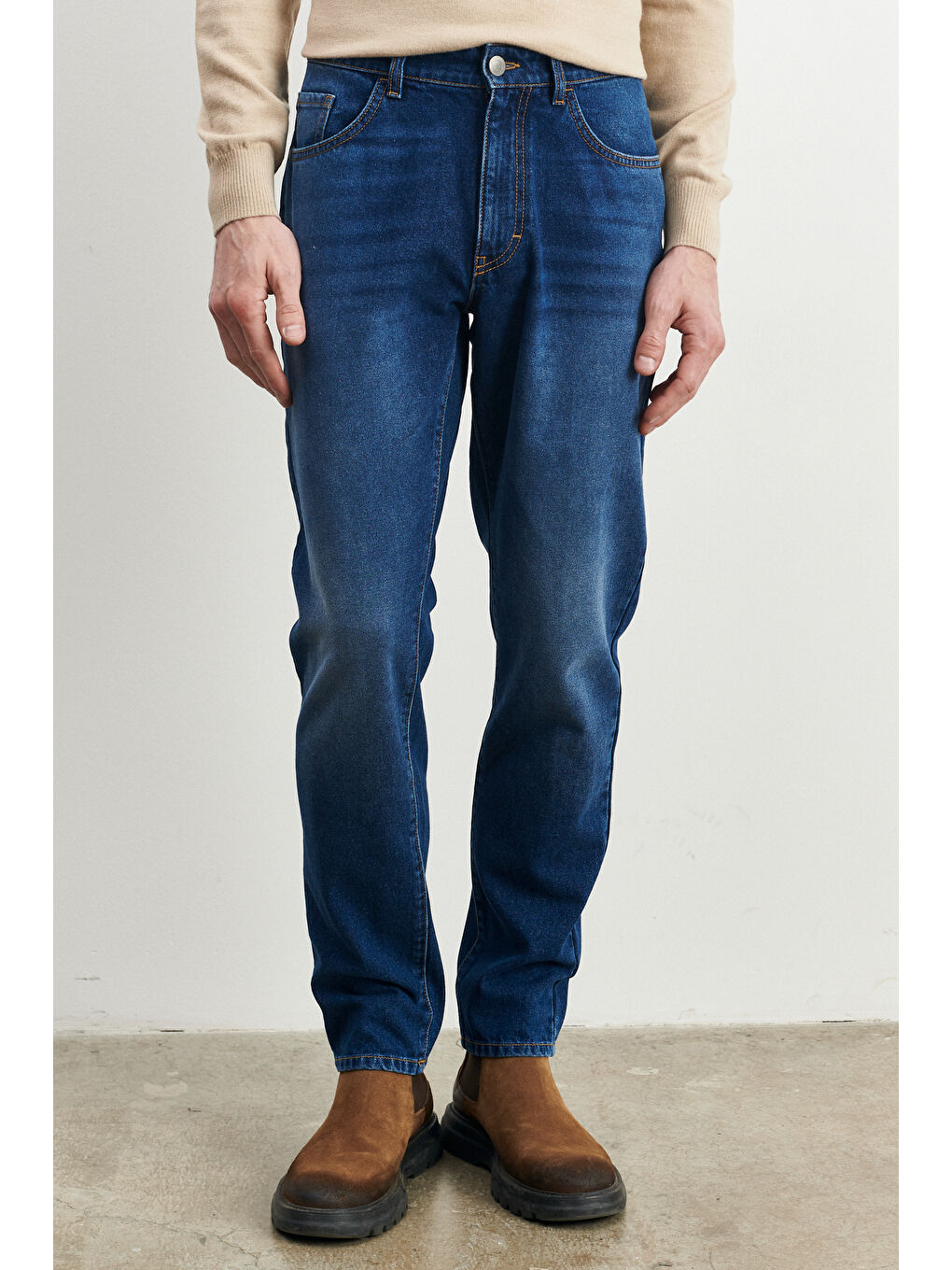 Erkek Mavi Comfort Fit Geniş Kesim %100 Pamuk Denim Jean Pantolon