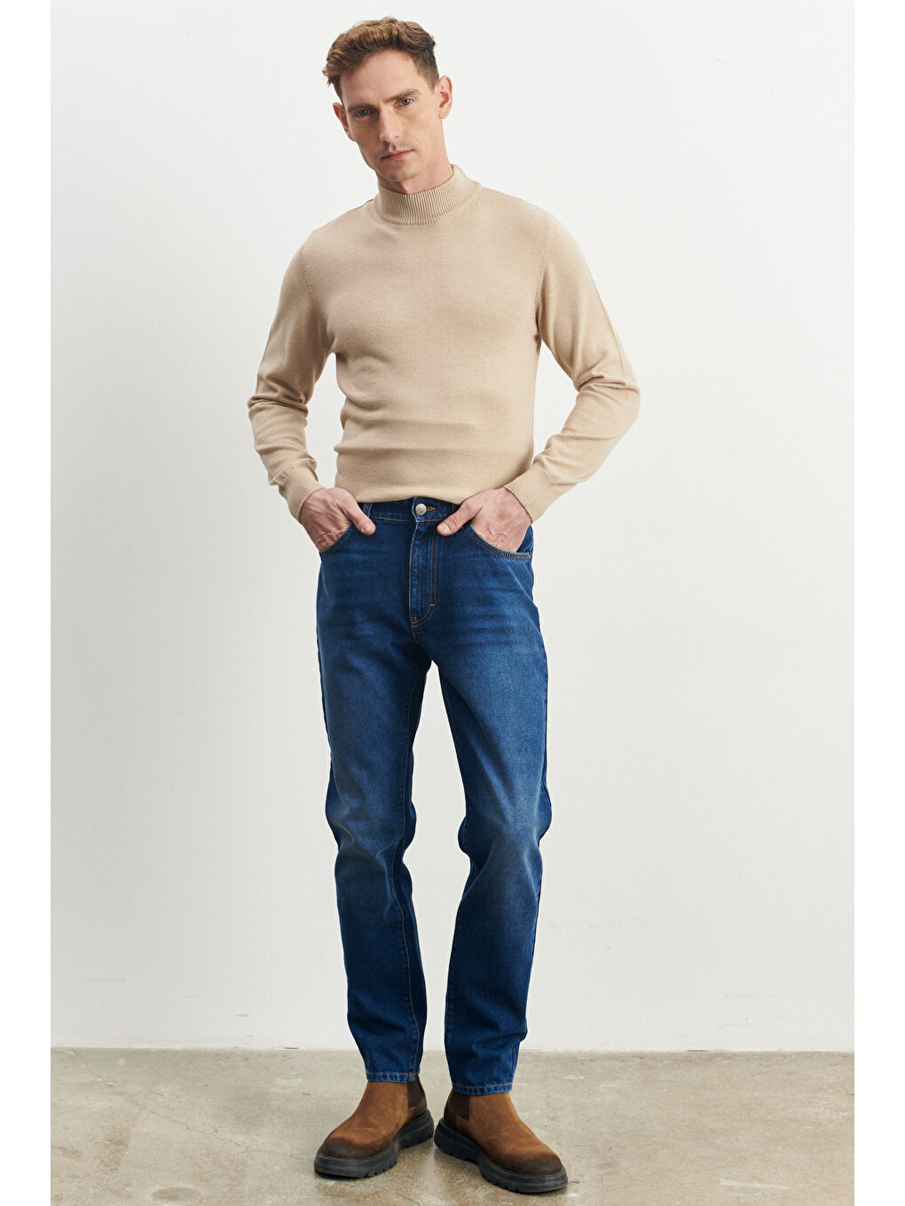 Erkek Mavi Comfort Fit Geniş Kesim %100 Pamuk Denim Jean Pantolon-1