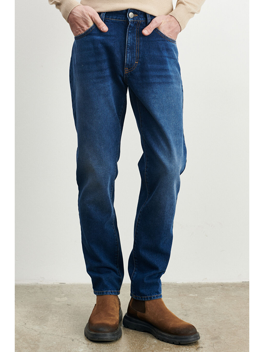 Erkek Mavi Comfort Fit Geniş Kesim %100 Pamuk Denim Jean Pantolon-2