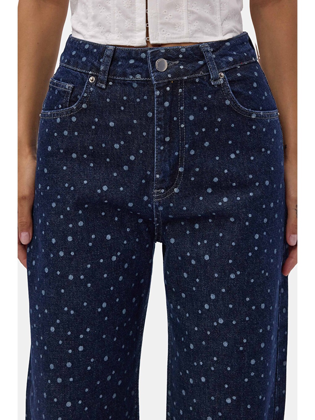 Kadın Mavi 1w6-7 Wide Leg Puantiyeli Denim Jean-1