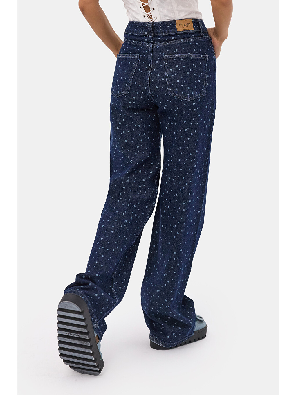 Kadın Mavi 1w6-7 Wide Leg Puantiyeli Denim Jean-2