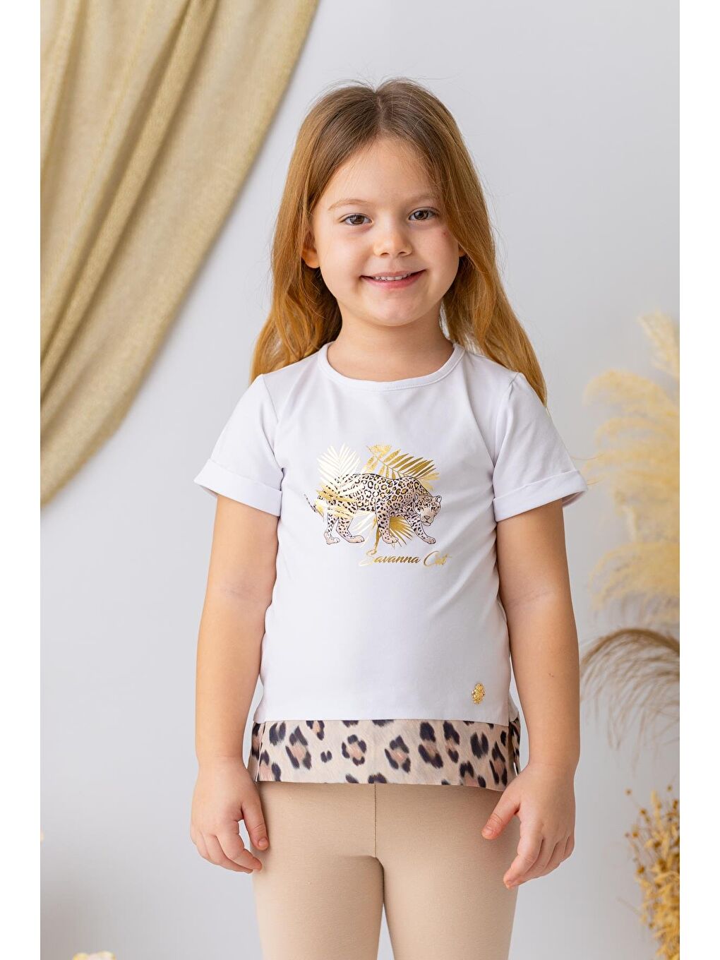 Kız Çocuk Leopar Desenli T-Shirt - Beyaz