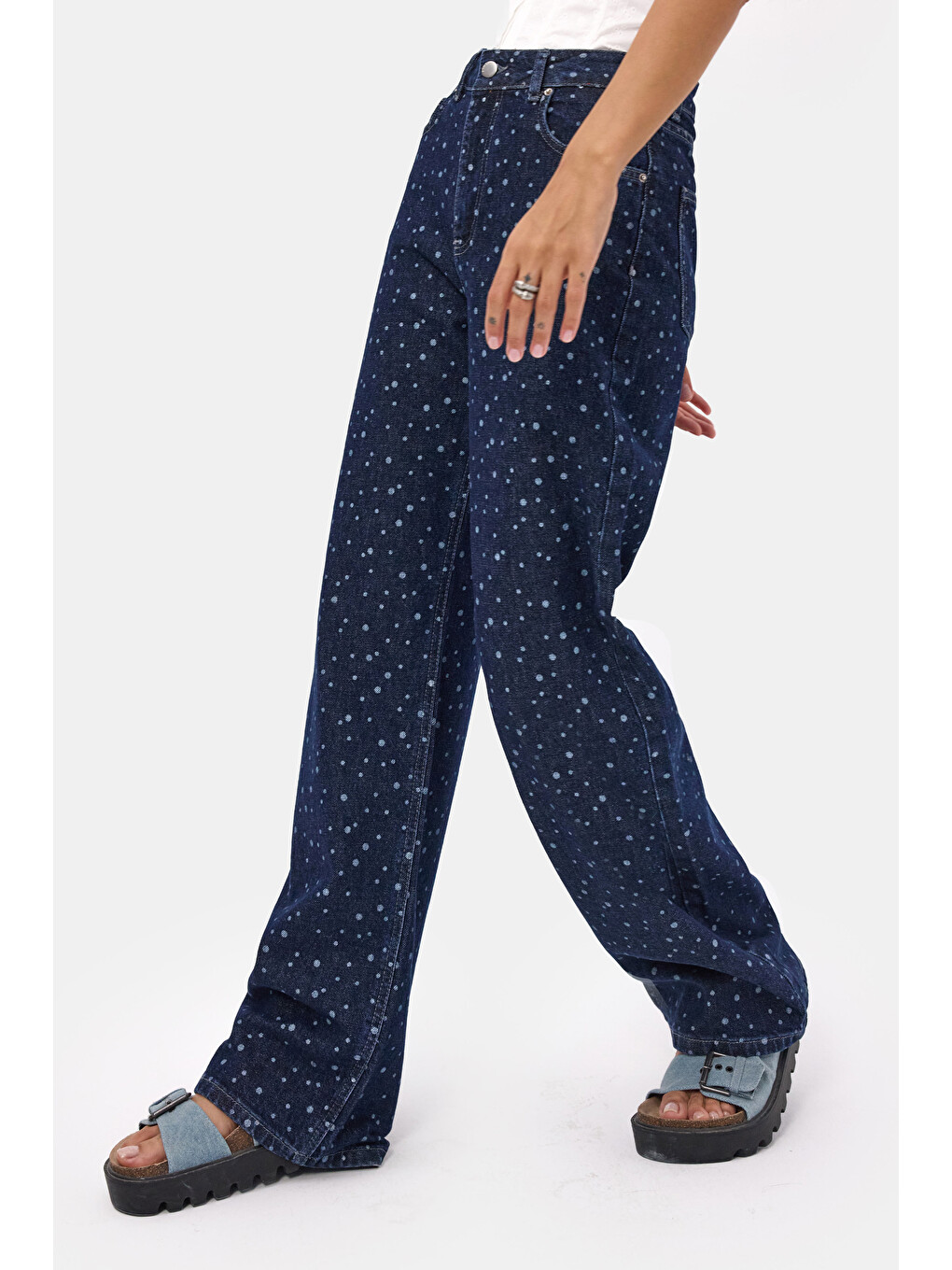 Kadın Mavi 1w6-7 Wide Leg Puantiyeli Denim Jean-5