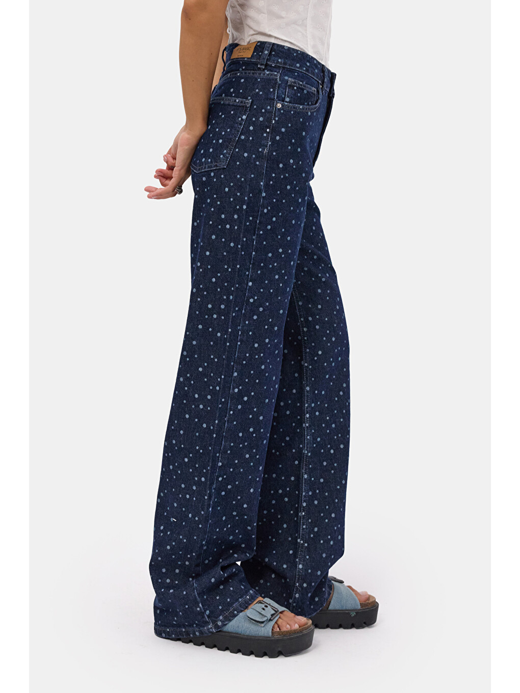 Kadın Mavi 1w6-7 Wide Leg Puantiyeli Denim Jean-6