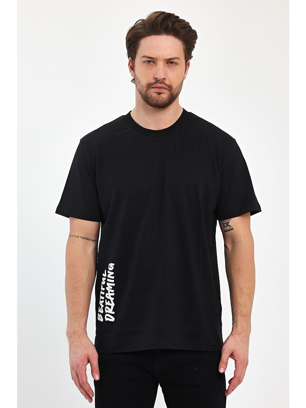 Siyah Arkası Baskılı Bisiklet Yaka Erkek Tişört 2750