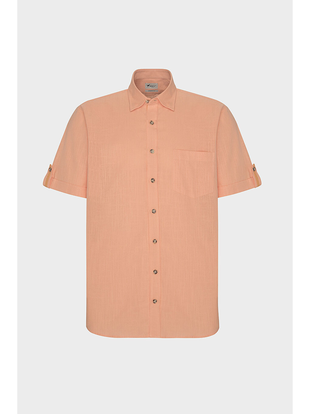 Erkek Turuncu Comfort Fit Rahat Kesim Gizli Düğmeli Yaka Keten Görünümlü %100 Pamuk Flamlı Gömlek-5