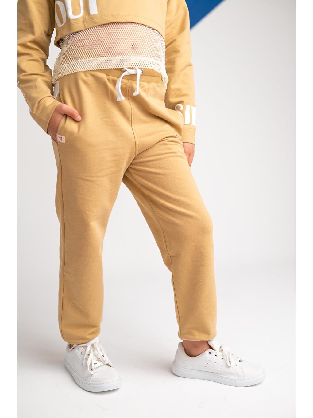 Bej Kız Çocuk Beli Lastikli Paçası Ribanalı Eşofman Altı-1