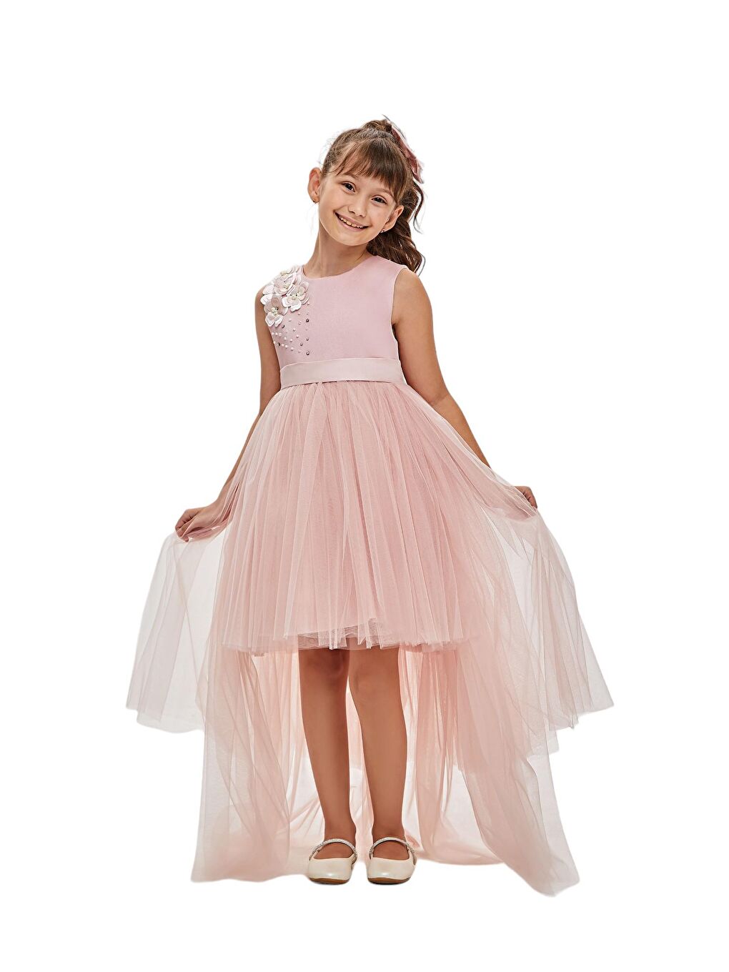 Pembe Kız Çocuk Arkası Uzun Çiçekli Taşlı Abiye