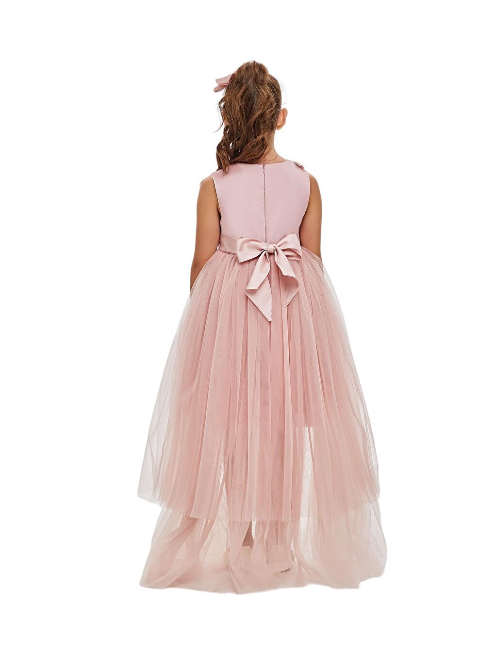 Pembe Kız Çocuk Arkası Uzun Çiçekli Taşlı Abiye-1