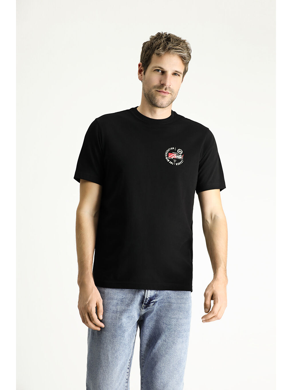 Siyah Bisiklet Yaka Regular Fit Baskılı Süprem Pamuk %100 Pamuk Tişört