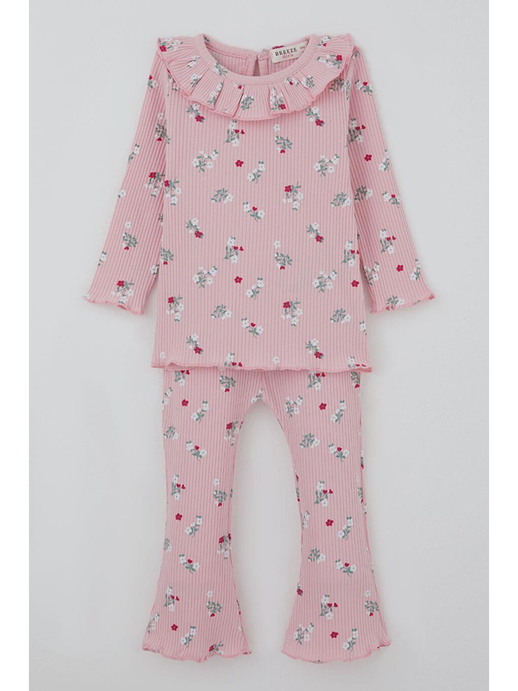 Kız Bebek Taytlı Takım Çiçek Desenli Yaka Kısmı Fırfır Detaylı Pembe (6 Ay-2 Yaş)
