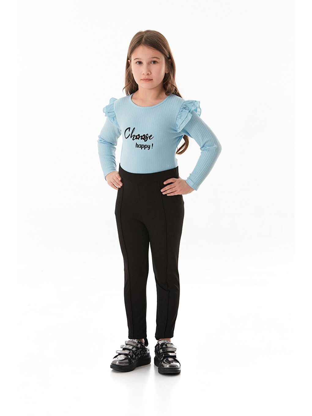 Siyah Beli Lastikli Çimalı Kız Çocuk Tayt-1