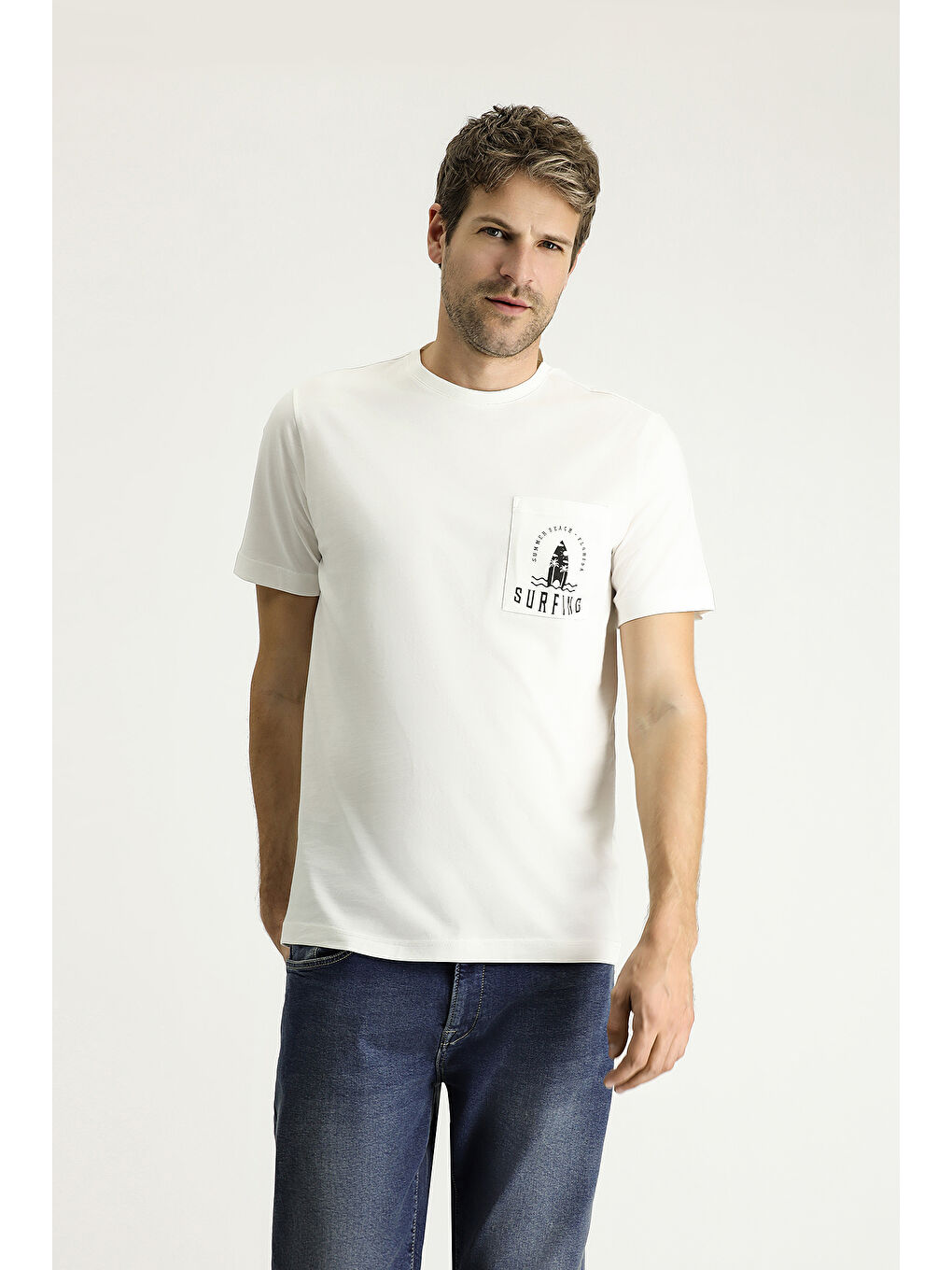 Ekru Bisiklet Yaka Regular Fit Baskılı Süprem Pamuk Tişört