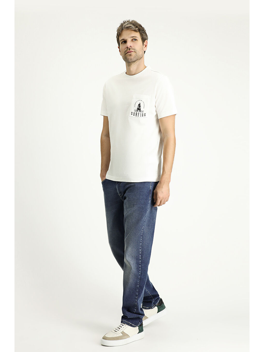 Ekru Bisiklet Yaka Regular Fit Baskılı Süprem Pamuk Tişört-1