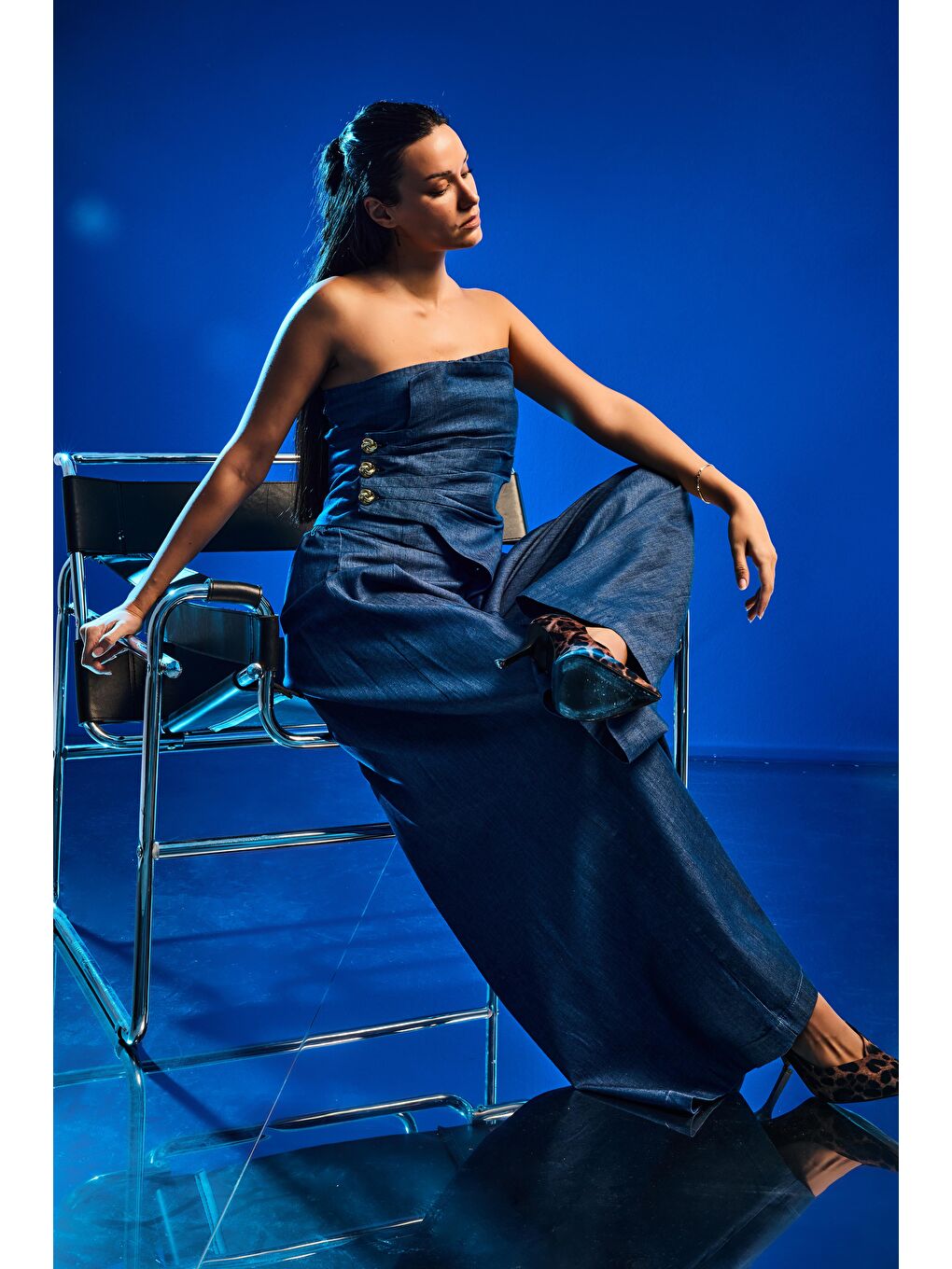 Kadın İndigo 7s6-50 Straplez Düğme Detaylı Elastan Kumaş Tasarım Büstiyer-2