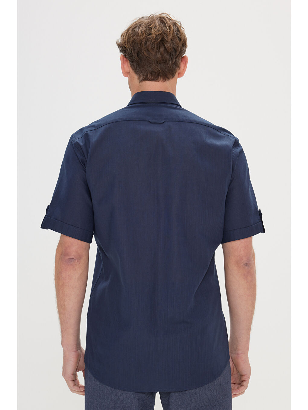 Erkek Lacivert Comfort Fit Rahat Kesim Gizli Düğmeli Yaka Keten Görünümlü %100 Pamuk Flamlı Gömlek-4