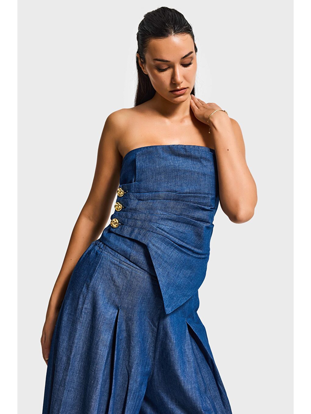 Kadın İndigo 7s6-50 Straplez Düğme Detaylı Elastan Kumaş Tasarım Büstiyer-5