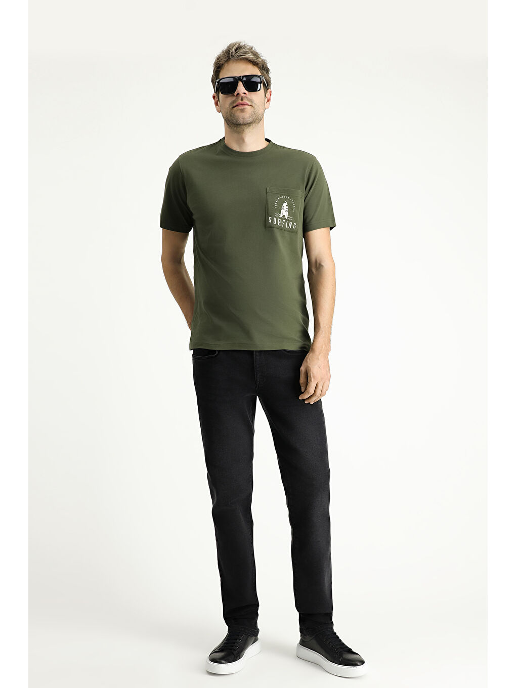 Haki Bisiklet Yaka Regular Fit Baskılı Süprem Pamuk Tişört-1