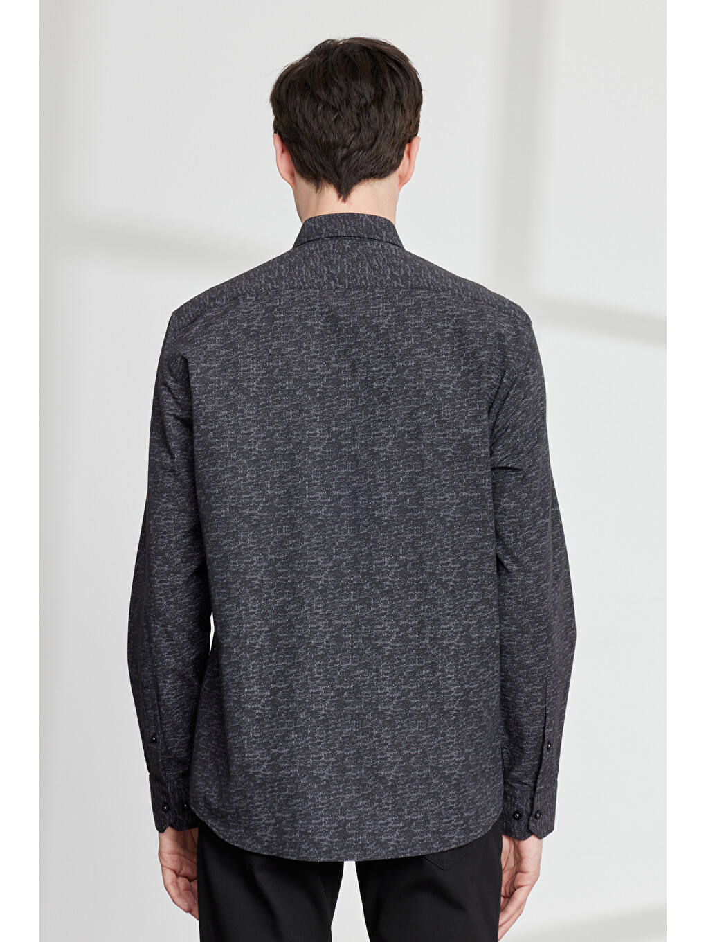Erkek Beyaz-siyah Slim Fit Dar Kesim Düğmeli Yaka Pamuklu Baskılı Gömlek-4
