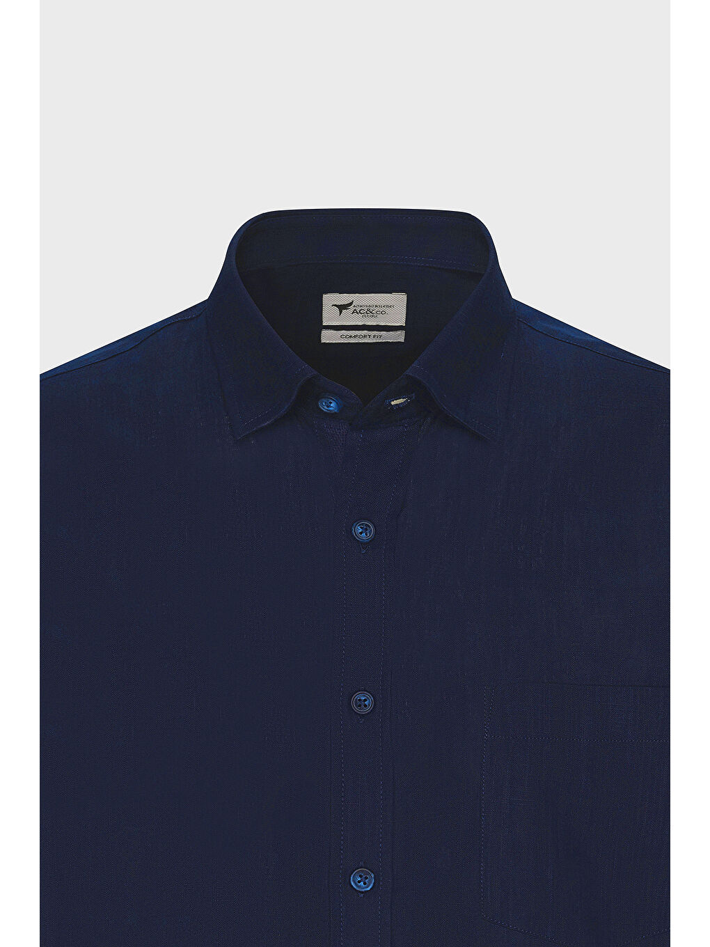 Erkek Lacivert Comfort Fit Rahat Kesim Gizli Düğmeli Yaka Keten Görünümlü %100 Pamuk Flamlı Gömlek-6
