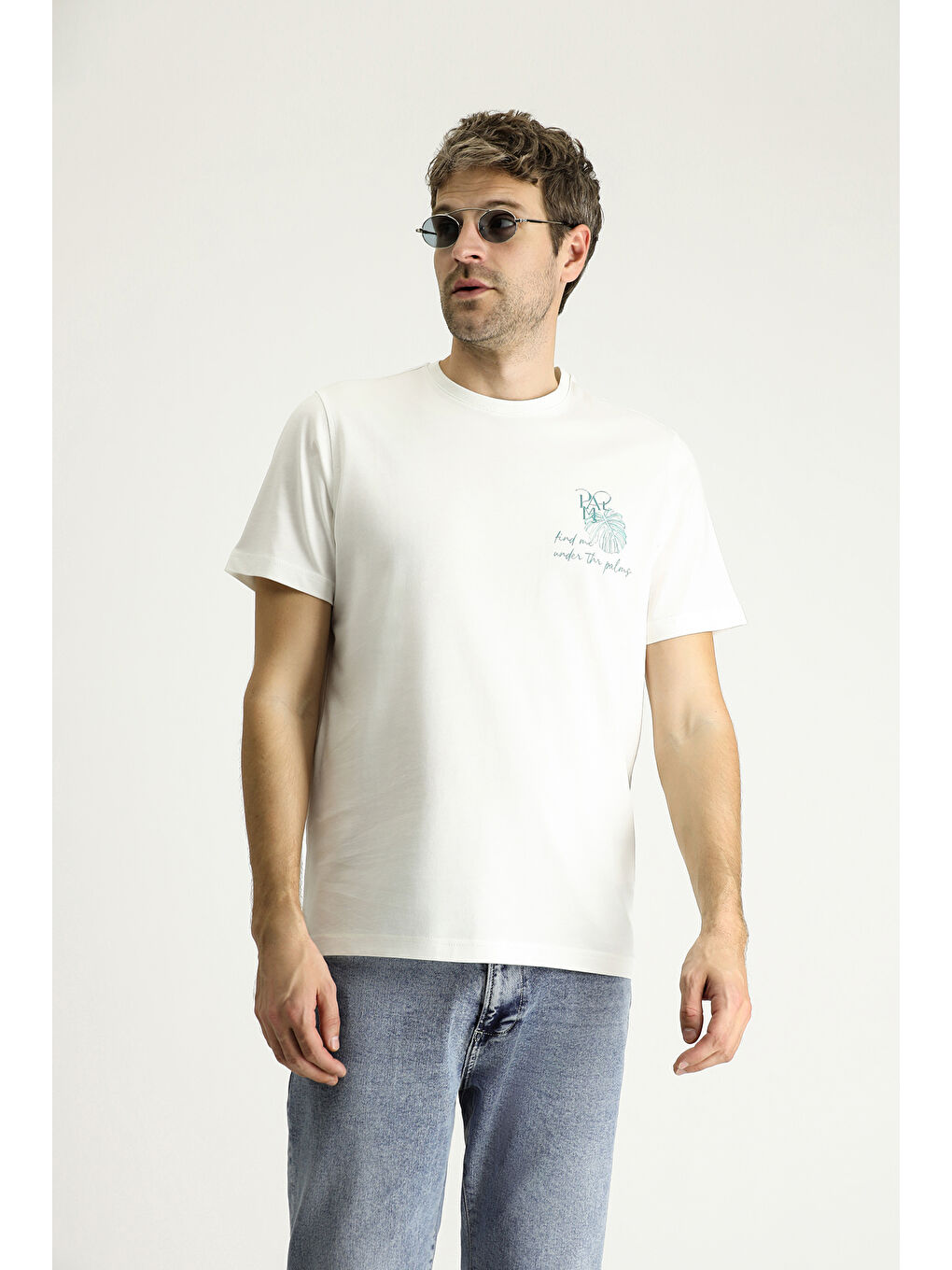 Ekru Bisiklet Yaka Regular Fit Baskılı Süprem Pamuk %100 Pamuk Tişört