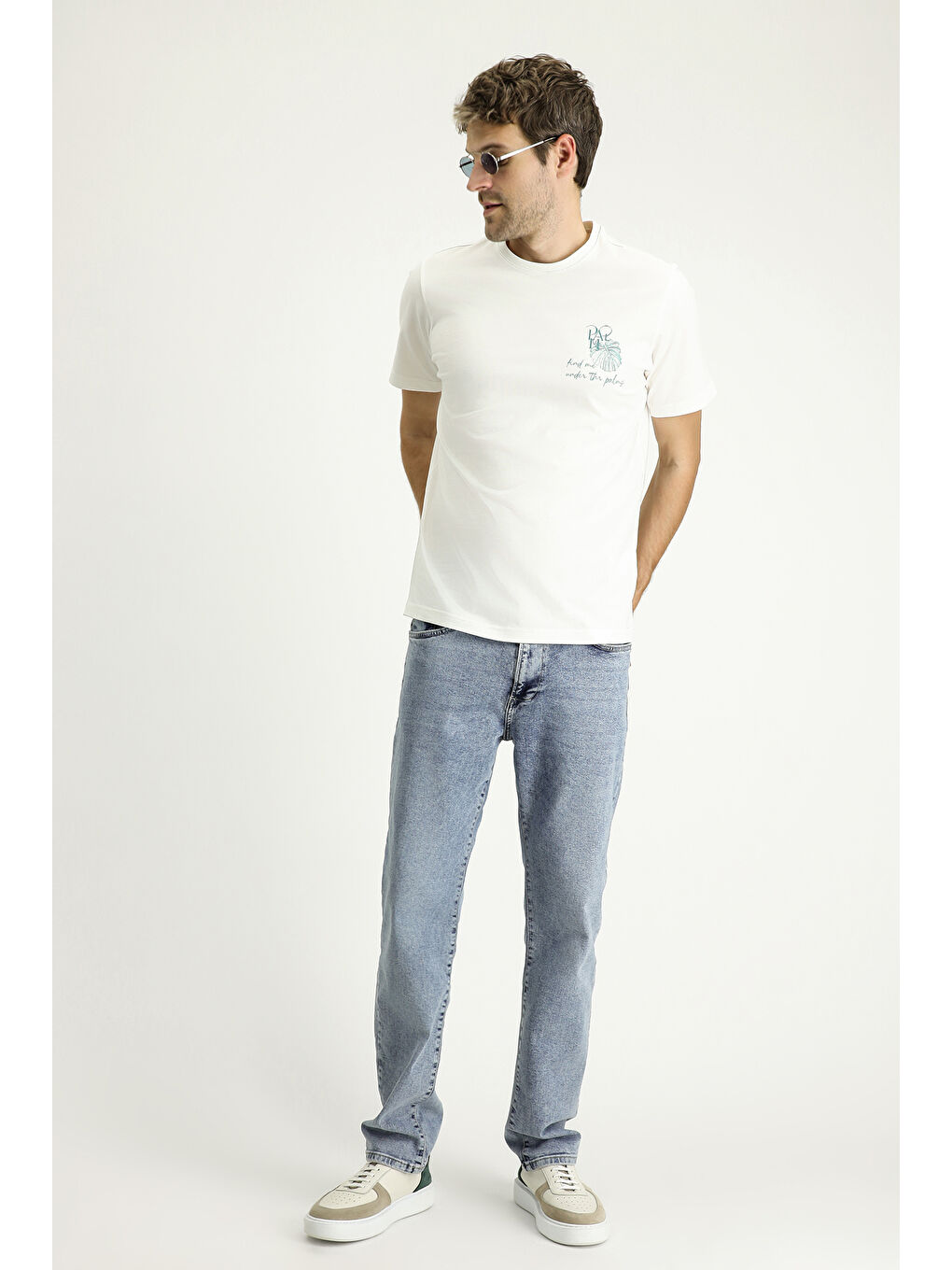 Ekru Bisiklet Yaka Regular Fit Baskılı Süprem Pamuk %100 Pamuk Tişört-1