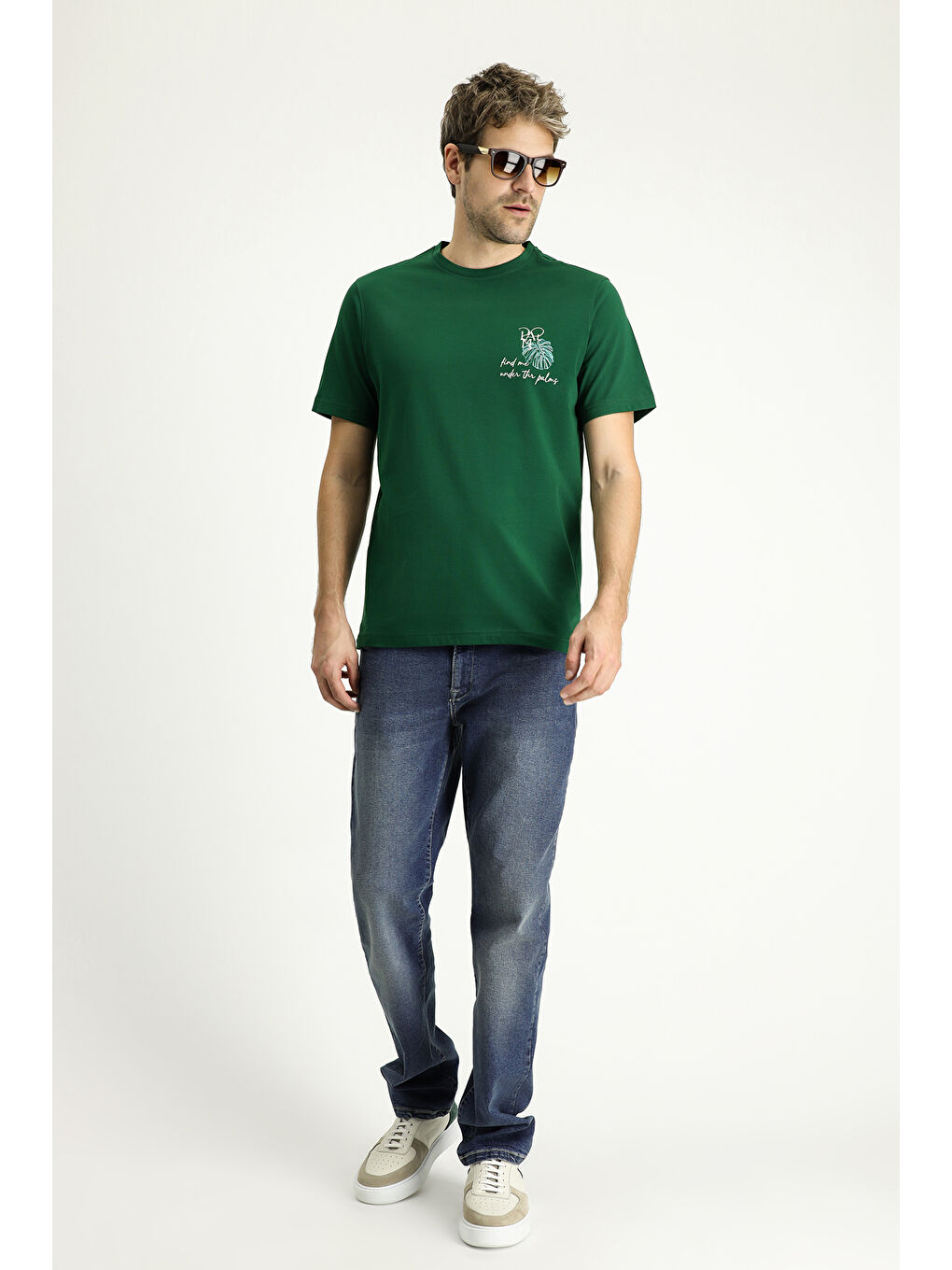 Yeşil Bisiklet Yaka Regular Fit Baskılı Süprem Pamuk Tişört-1