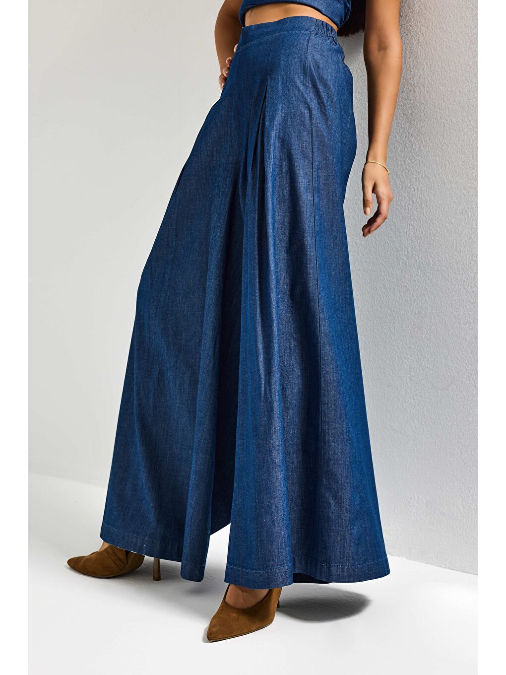 Kadın İndigo 7s6-50 Süper Palazzo Elastan Kumaş Denim Pantolon-1