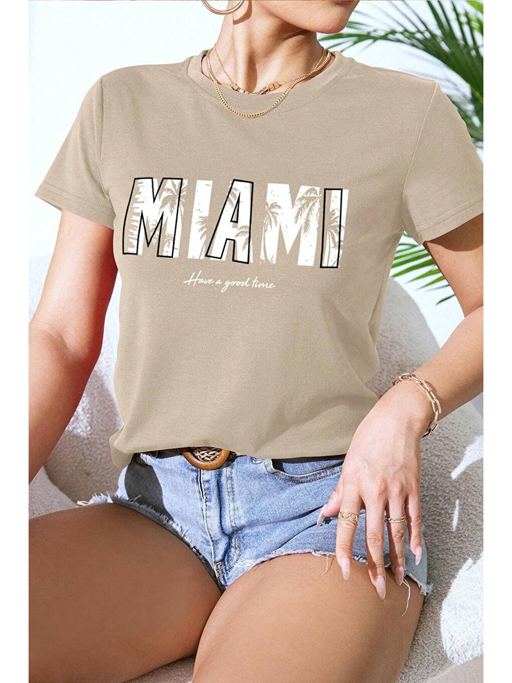 uyguntarz Bej Unisex Miami Baskılı Oversize Tshirt