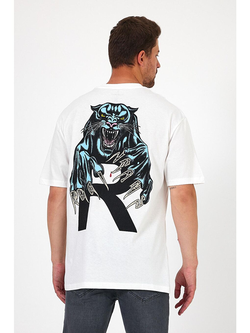 Beyaz Bisiklet Yaka Aslan Baskılı Erkek Tişört 7025-3